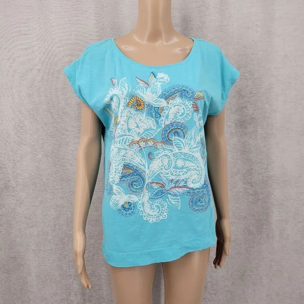 Lauren Ralph Lauren Women's Blue Paisley Pattern Embroidered Drop Shoulder Tee